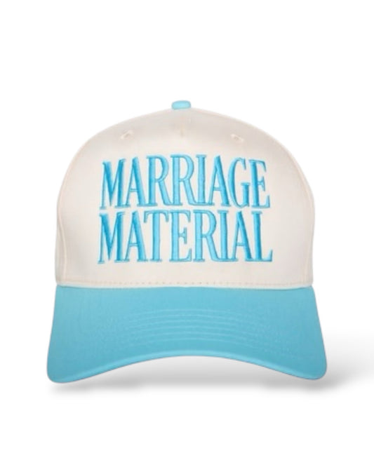 Cap with 'MARRIAGE MATERIAL' text on a white background