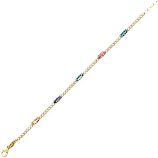 Gold bracelet with multicolored crystals on a white background