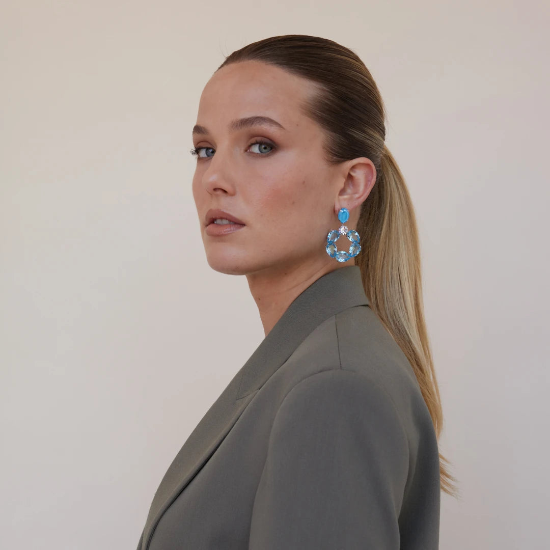 Maestro Italy Pera Hoop Earrings Sterling Silver, Rhodium Plated with Aquamarine Swarovski Crystals