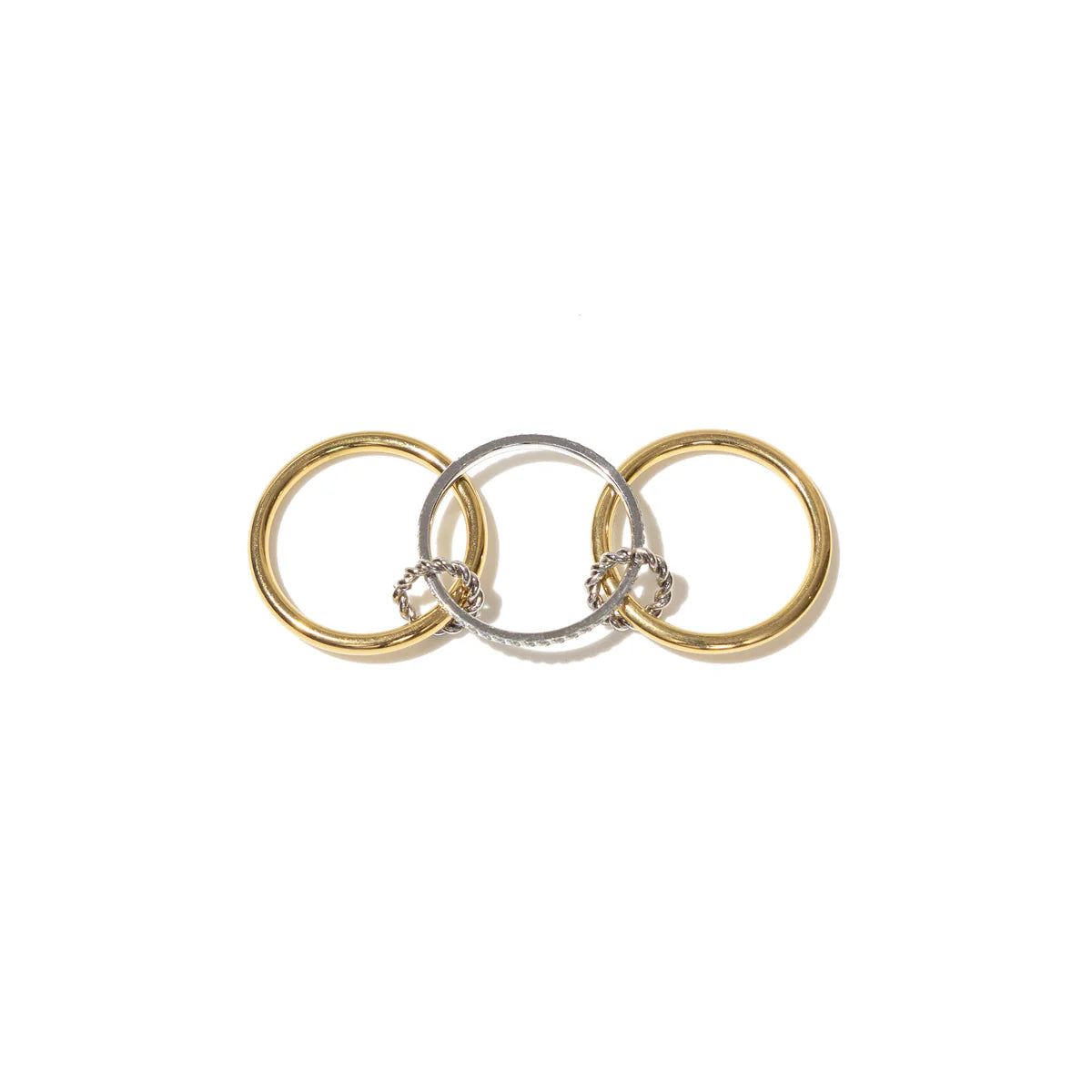 Three interlocking rings in gold, silver, and rose gold on a white background