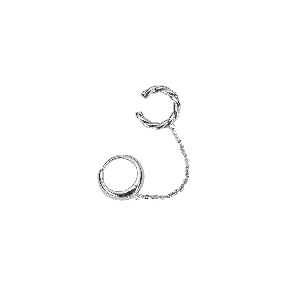 Silver hoop earrings with a chain on a white background