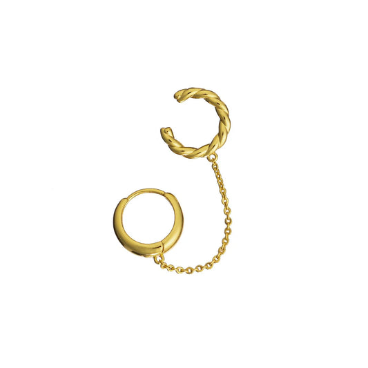 Gold hoop earring with chain on a white background