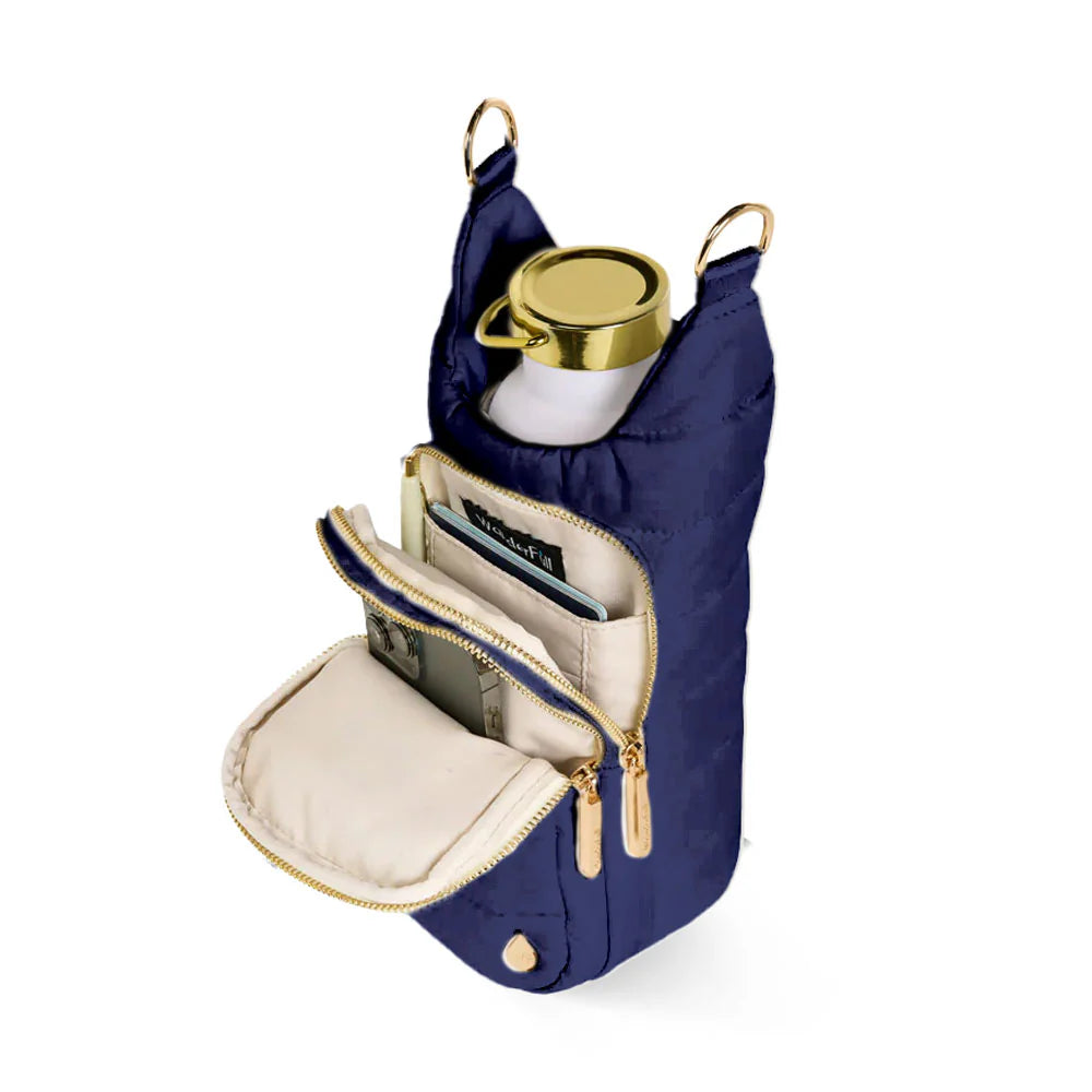 Navy blue pouch with gold zipper and interior details on a white background