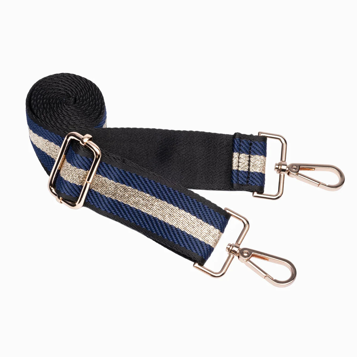 Black and blue striped bag strap with gold hardware on a white background