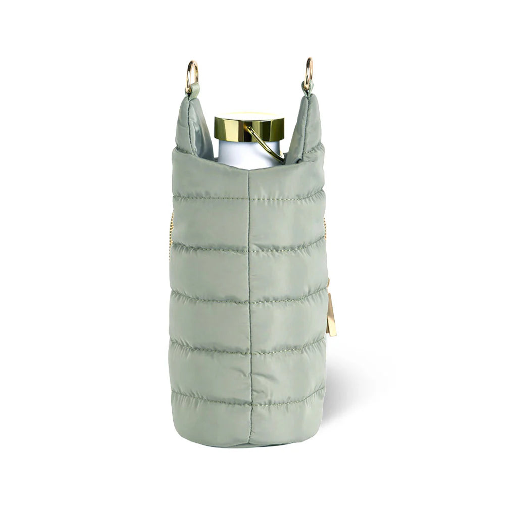 Green insulated bottle holder with gold clip on a white background