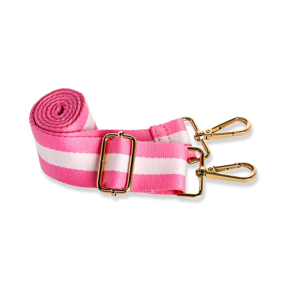 Pink and white striped bag strap with gold hardware on a white background