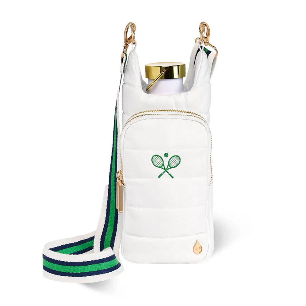 White bag with green and blue strap and tennis racket design on a white background