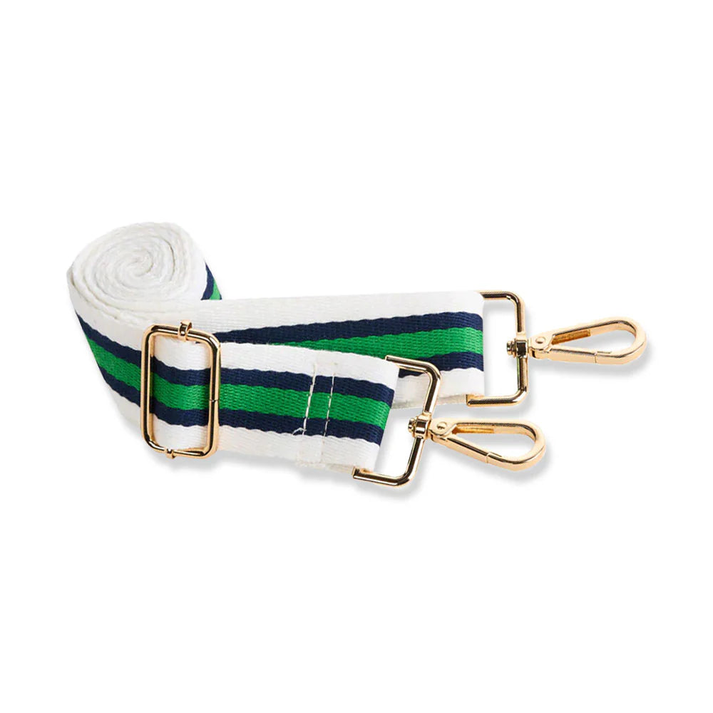 Striped belt with gold hardware on a white background