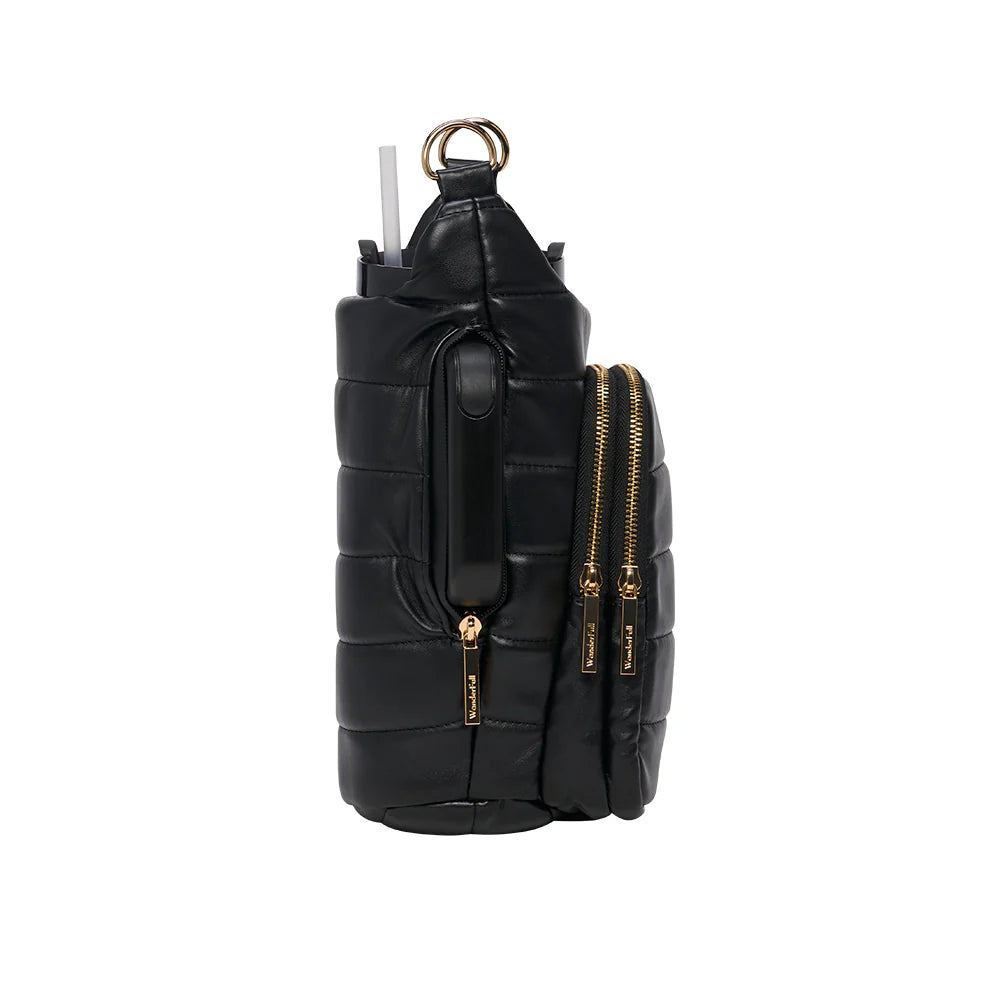 Black quilted backpack with gold zippers on a white background