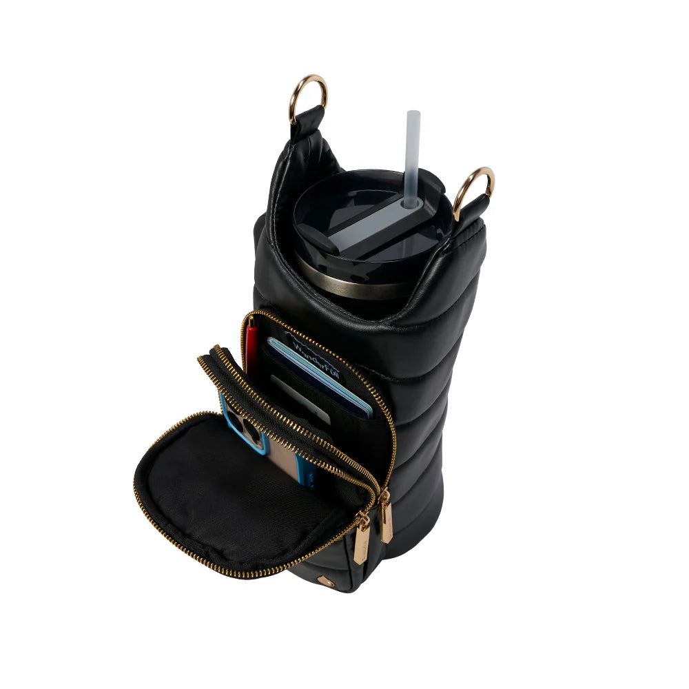 Black insulated drink carrier with a straw and phone pocket on a white background