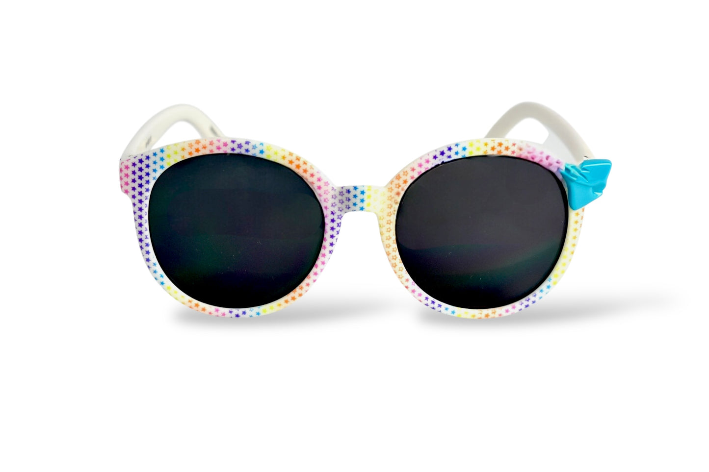 Girls White Sunglasses with Rainbow Tiny Stars and Bright Blue Bow