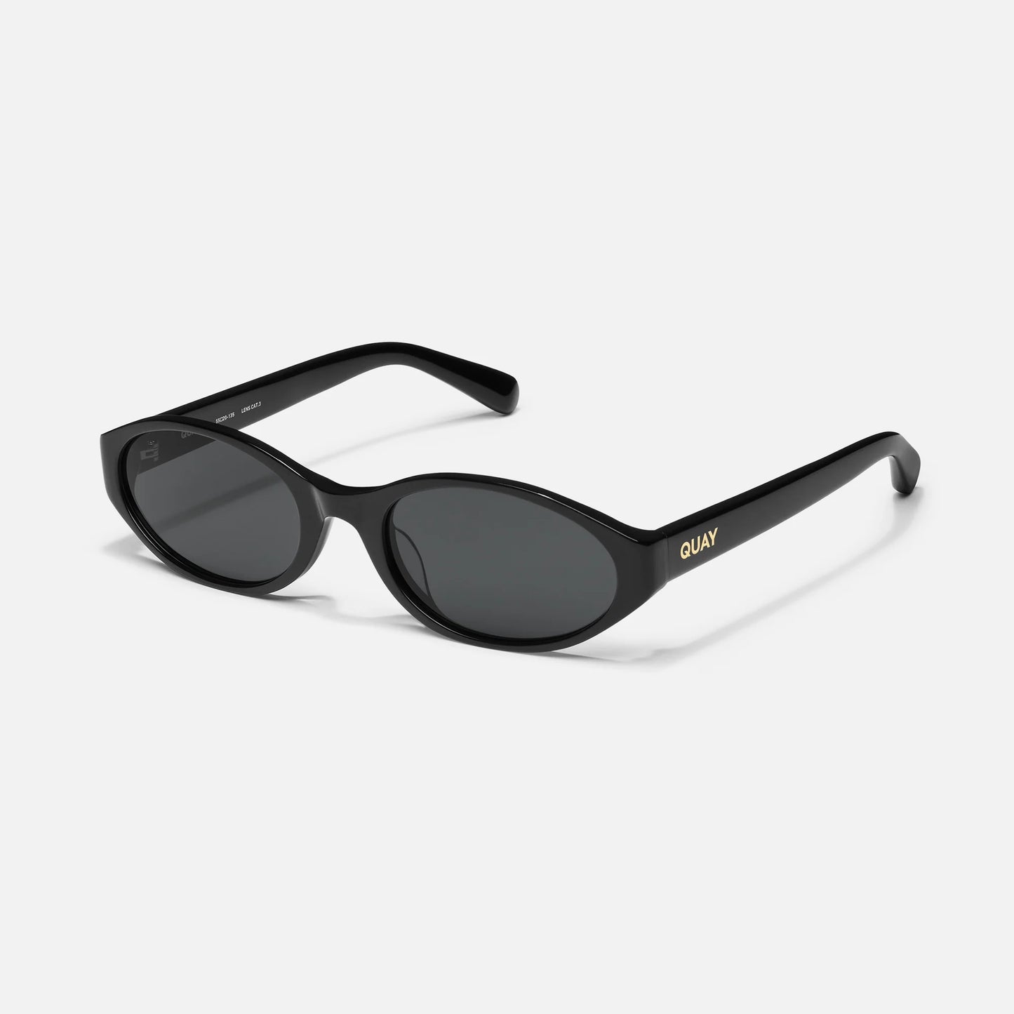 Black sunglasses with 'Quay' branding on a white background