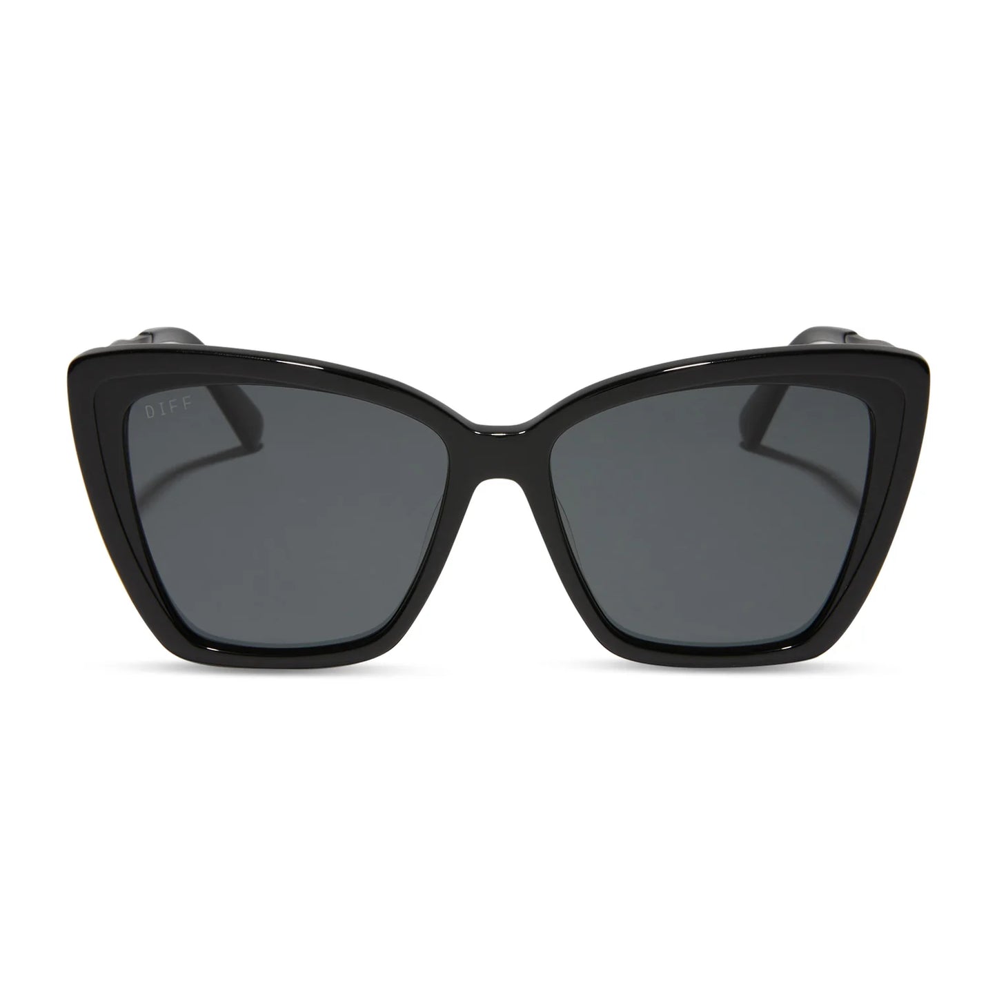 Black cat-eye sunglasses with dark lenses on a white background