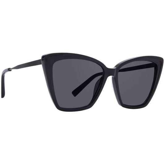 Black cat-eye sunglasses with dark lenses on a white background