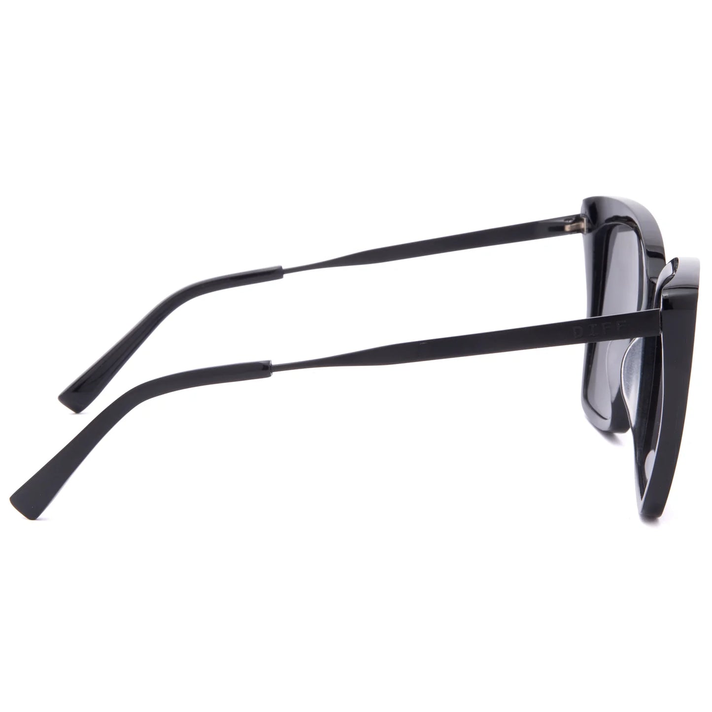 Black sunglasses with a thin frame on a white background