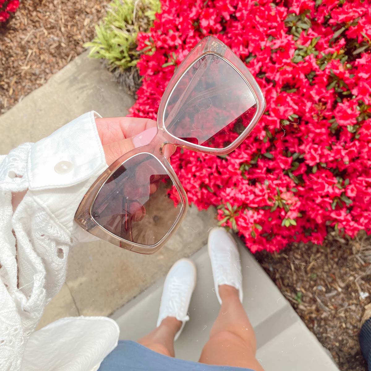 Person holding a pair of sunglasses with a red flower bed in the background