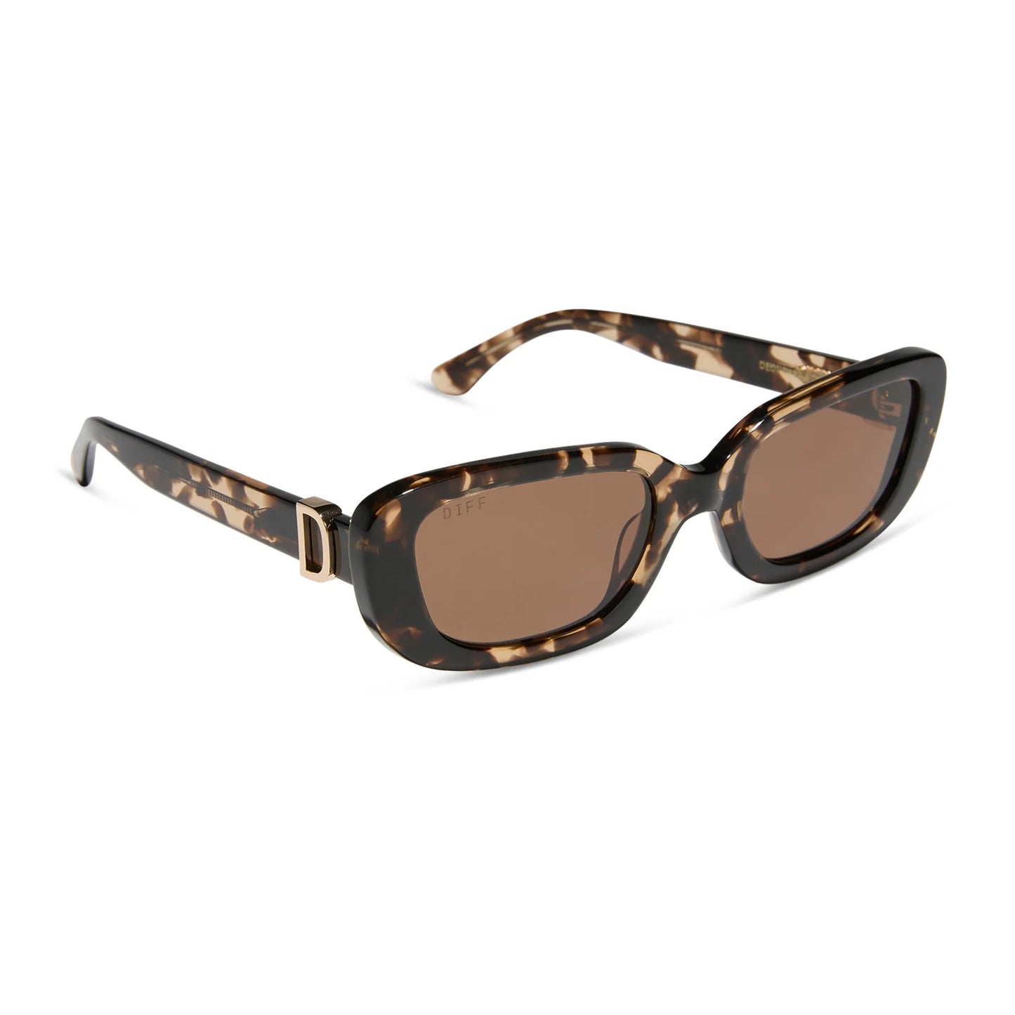 Sunglasses with tortoiseshell frame and brown lenses on a white background