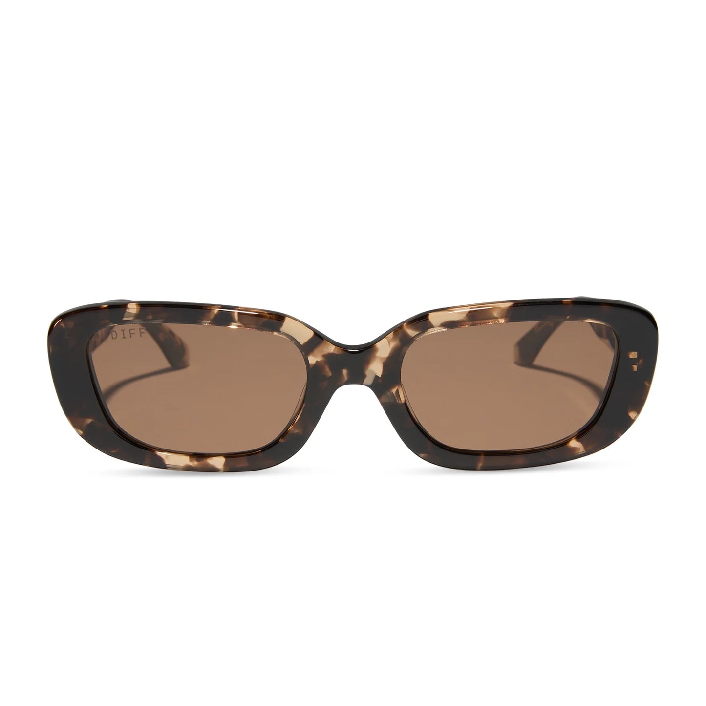 Sunglasses with tortoiseshell frame and brown lenses on a white background