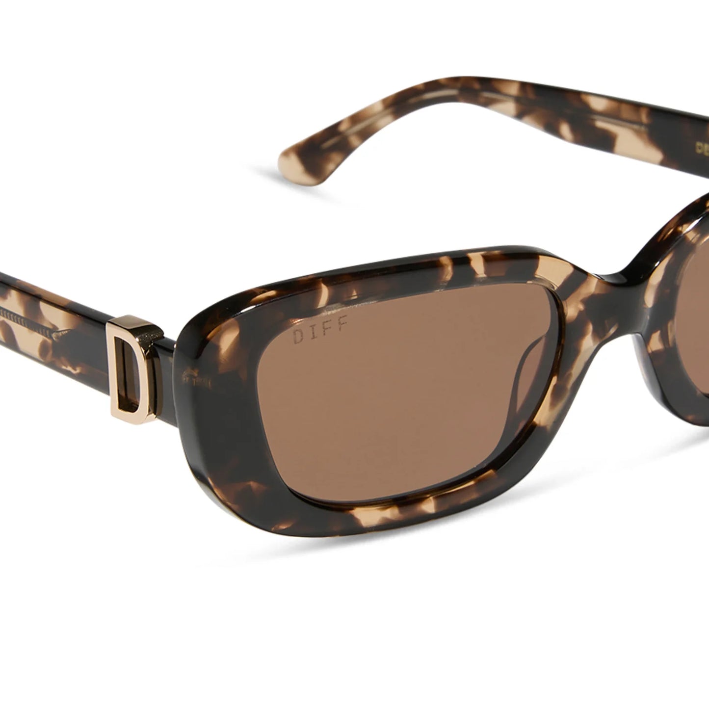 Sunglasses with tortoiseshell frame and brown lenses on a white background