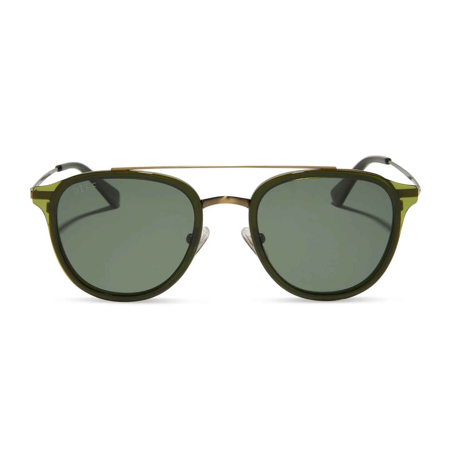 Sunglasses with green frame and dark lenses on a white background