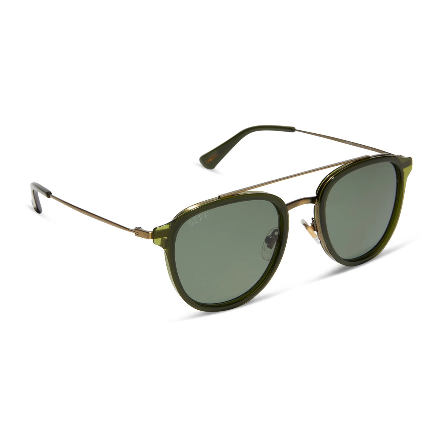 Green sunglasses with gold frames on a white background