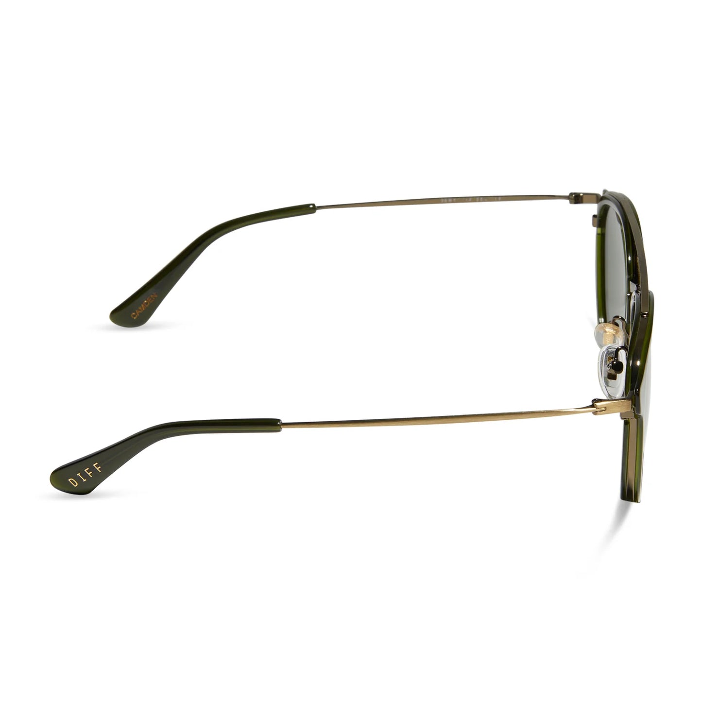 Sunglasses with gold frame and dark lenses on a white background