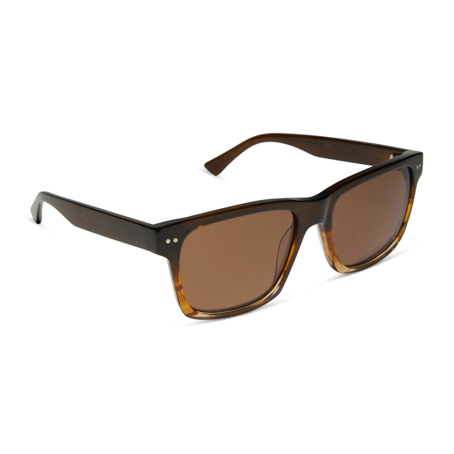 Sunglasses with brown lenses and dark frame on a white background