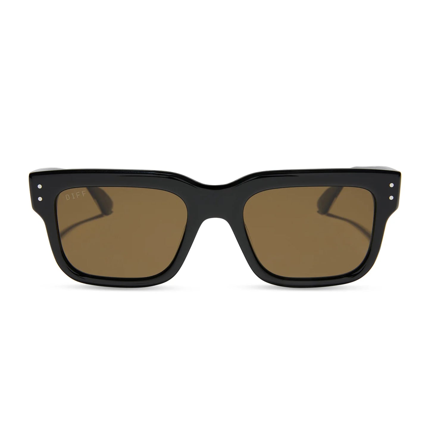 Black sunglasses with brown lenses on a white background