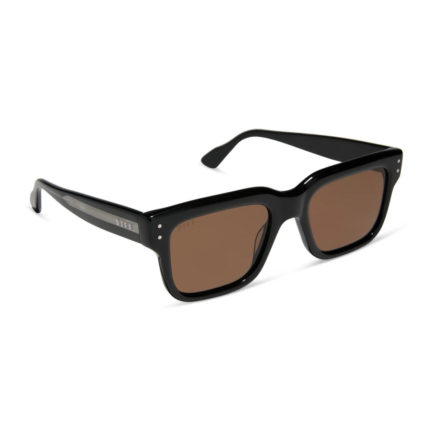 Black sunglasses with brown lenses on a white background