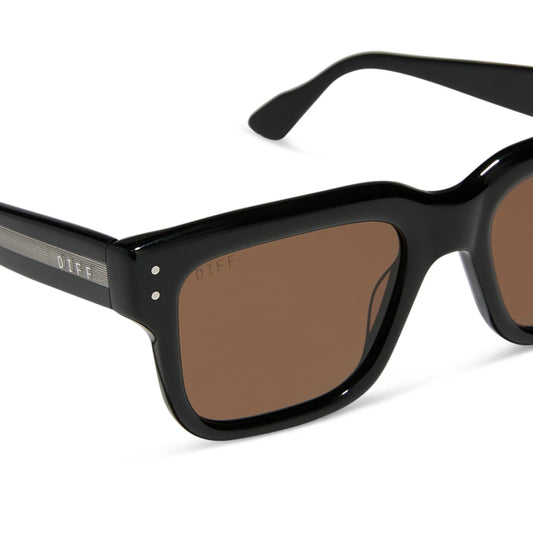 Black sunglasses with brown lenses on a white background