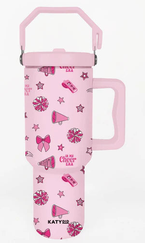 a pink water bottle with stars, bows and bullhorn designs