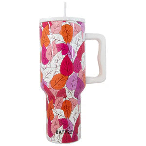 Tumbler with colorful leaf pattern on a white background