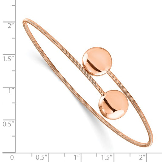 Rose gold bracelet with two round pendants on a white background with measurement scale.
Material: 925 sterling silver, rose-plated wire
Color: rose gold
Closure: slip-on, open