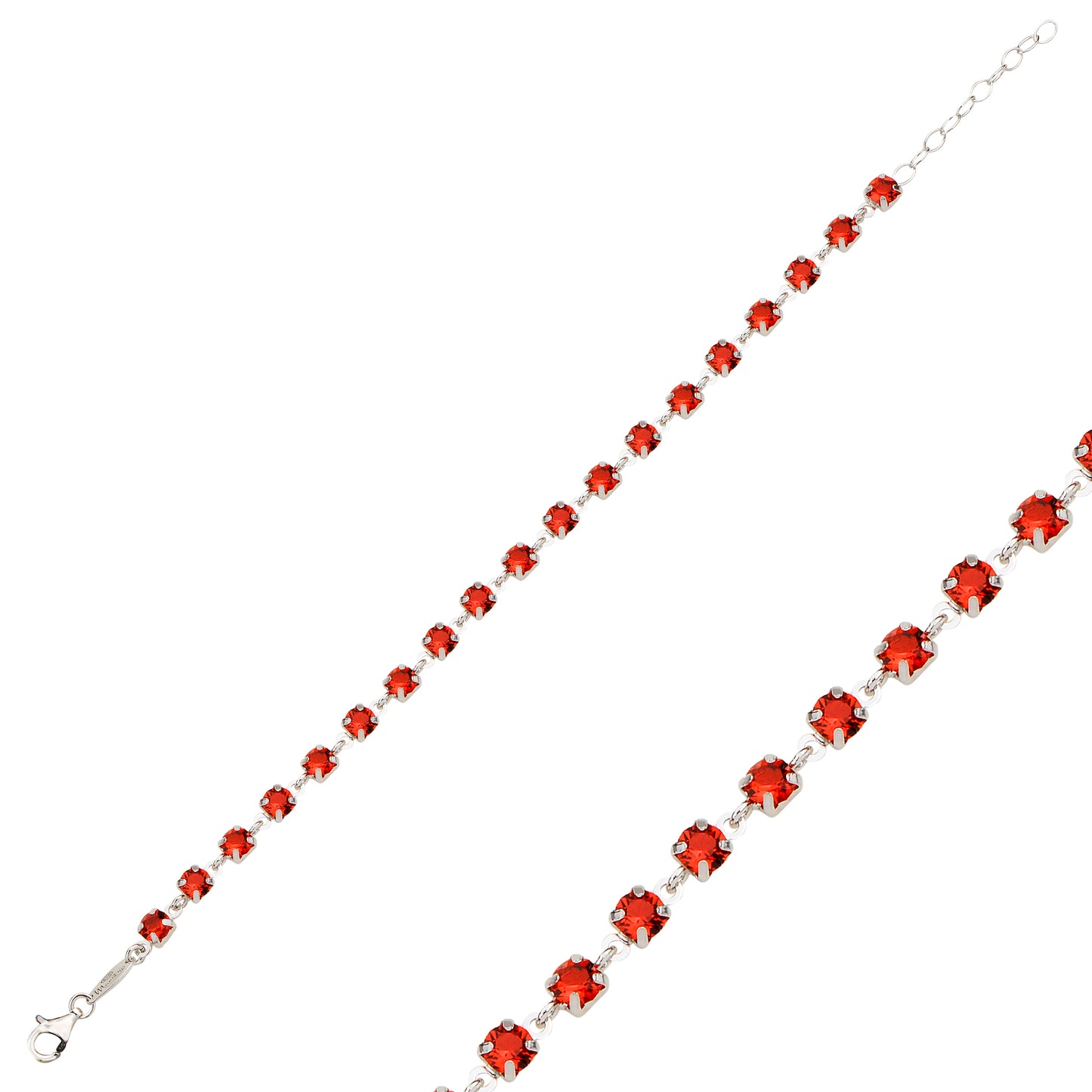 Bracelet with red crystals on a white background
Material: 925 sterling silver, Rhodium plated, red circle Swarovski crystals
Color: silver, red
Closure: lobster (fancy)
Measurement: 6.75" length, 1" extension, 4 mm wide 