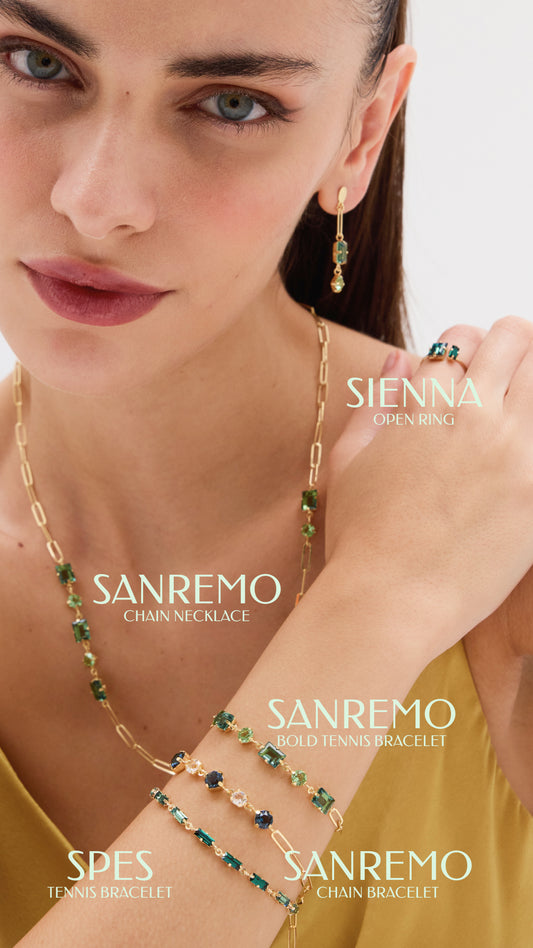 Woman wearing Sanremo jewelry with close-up details on a white background