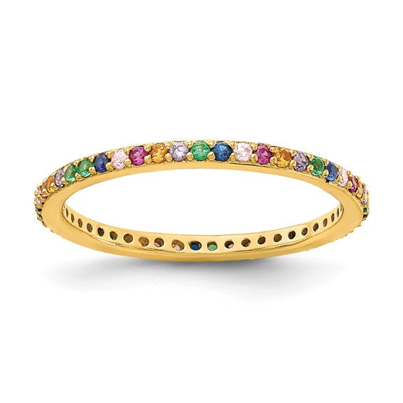 Gold ring with colorful gemstones on a white background
Material: sterling silver, 14K yellow gold plated, colorful CZ stones
Color: yellow gold
Style: stackable, infinity stone design
Measurement: 1.7 mm width, size 7