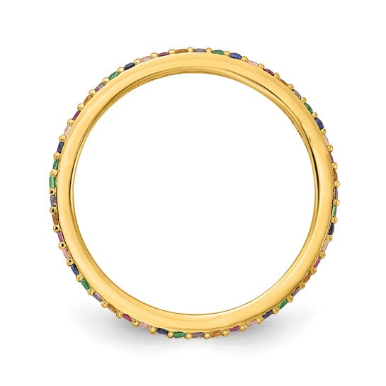 Gold ring with colorful gemstones on a white background
Material: sterling silver, 14K yellow gold plated, colorful CZ stones
Color: yellow gold
Style: stackable, infinity stone design
Measurement: 1.7 mm width, size 7