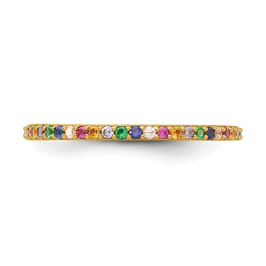 Gold ring with colorful gemstones on a white background
Material: sterling silver, 14K yellow gold plated, colorful CZ stones
Color: yellow gold
Style: stackable, infinity stone design
Measurement: 1.7 mm width, size 7