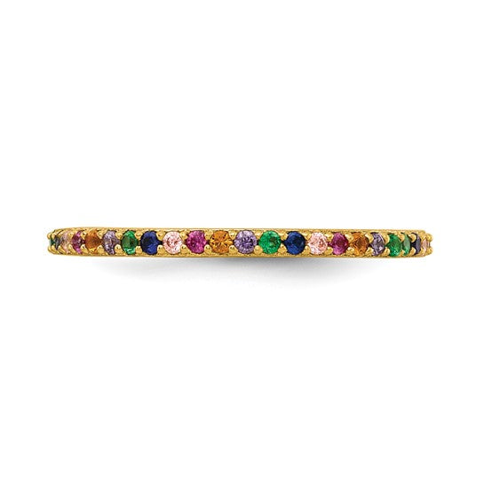 Gold ring with colorful gemstones on a white background
Material: sterling silver, 14K yellow gold plated, colorful CZ stones
Color: yellow gold
Style: stackable, infinity stone design
Measurement: 1.7 mm width, size 7