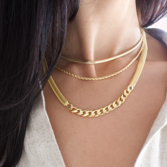 Woman wearing 3 gold necklaces