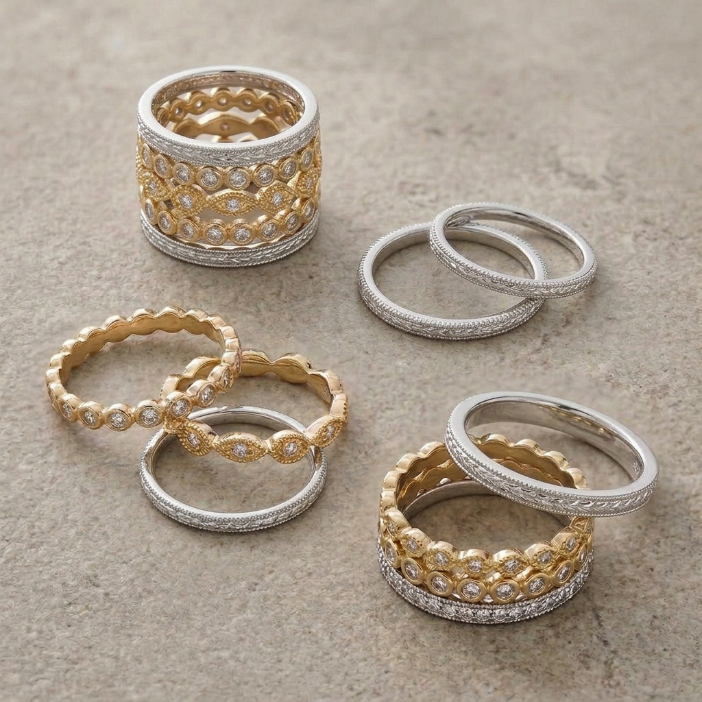 Women's Sterling Silver Set of 5 Stacking Rings 3 10K Gold-plated 2 Rhodium-plated CZ