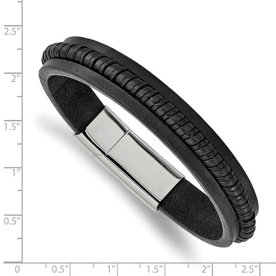Black and silver bracelet with measurement scale on a white background
white background
Material: stainless steel, black braided leather
Color: silver, black
Closure: slide in clasp
Measurement: 8.25" circumference, 11 mm wide