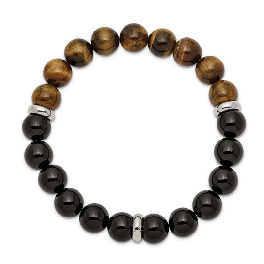 Bracelet with alternating black and brown beaded design on a white background
Material: stainless steel, black Agate beads, Tiger's Eye beads
Color: silver, black, brown
Closure: infinity, stretch fit
Measurement: 8.5" circumference with 1" additional stretch