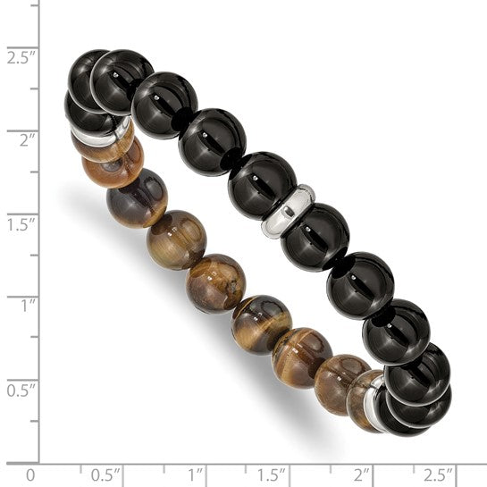 Multicolored beaded bracelet with a silver clasp on a white background with measurement scale.
Material: stainless steel, black Agate beads, Tiger's Eye beads
Color: silver, black, brown
Closure: infinity, stretch fit
Measurement: 8.5" circumference with 1" additional stretch