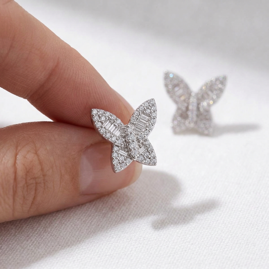 Women's 0.50CT Natural Round/Baguette Diamonds, 10K White Gold Butterfly Earrings