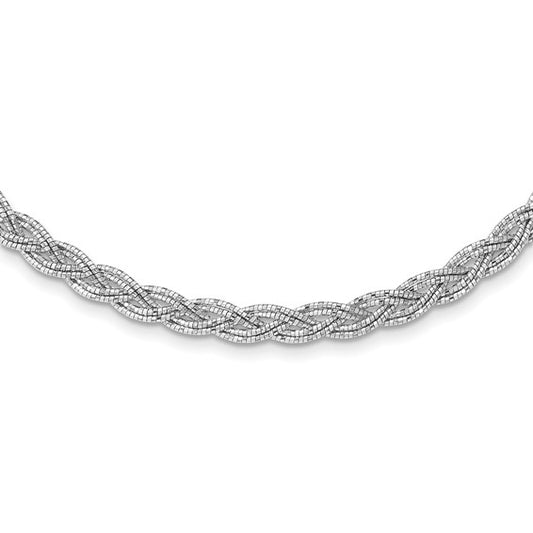 Silver braided necklace on a white background
Material: 925 sterling silver, Rhodium plated
Color: silver
Closure: lobster, fancy
Measurement: 16.75" length, 6 mm width