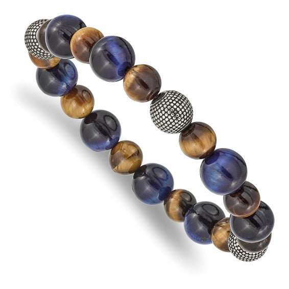 Men's Chisel Stainless Steel Antiqued and Polished Brown and Blue Tiger's Eye Beaded Stretch Bracelet