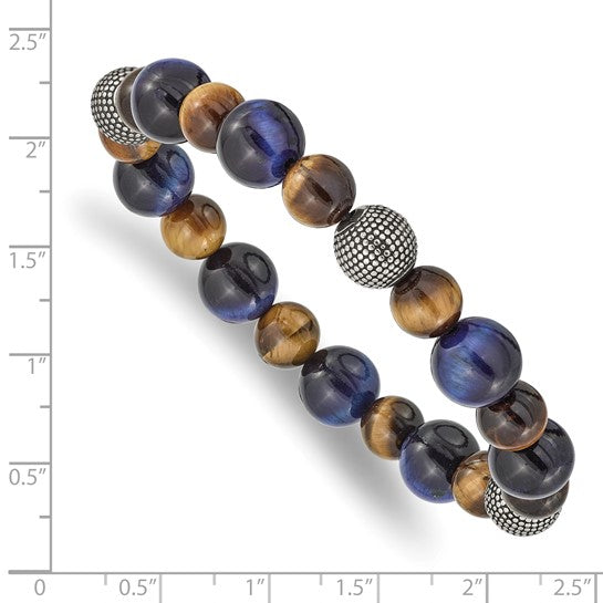 Men's Chisel Stainless Steel Antiqued and Polished Brown and Blue Tiger's Eye Beaded Stretch Bracelet