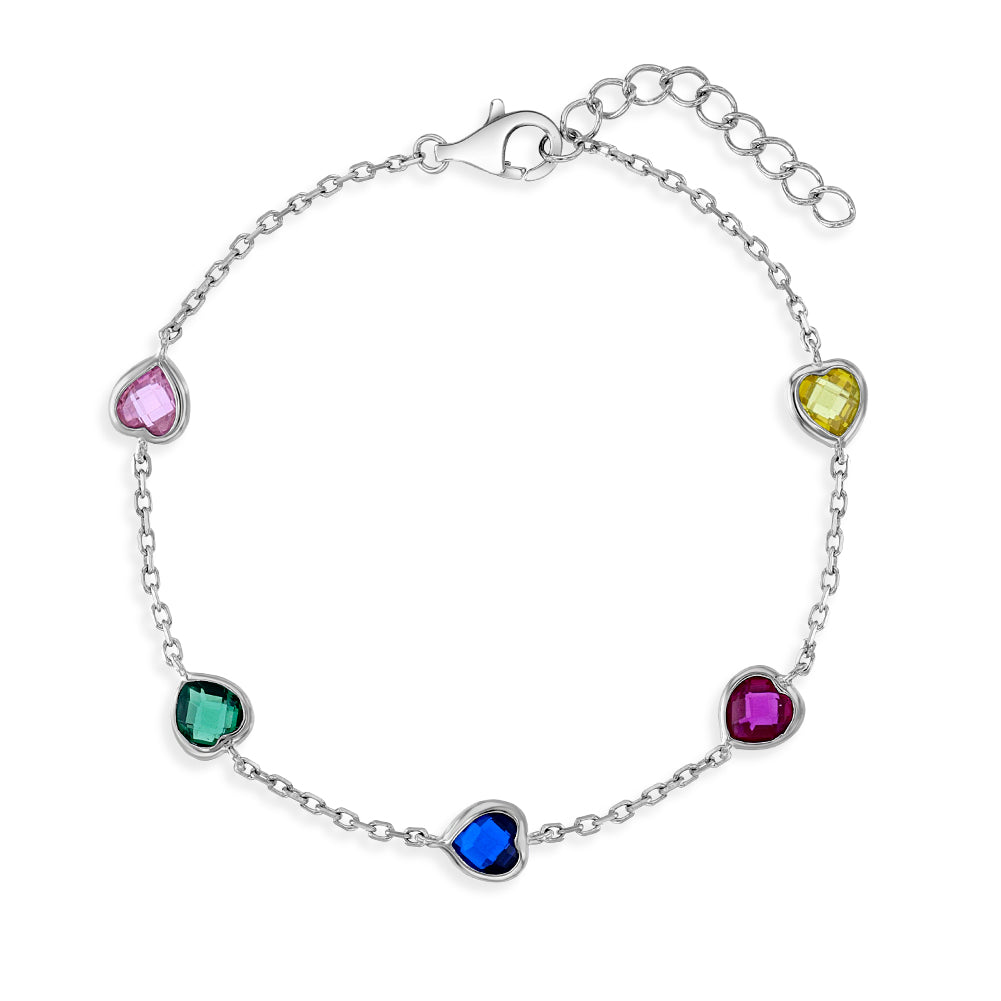 Age Group: Cute for Little Girls and Preteens; Safe for Sensitive Skin
Material: 925 Sterling Silver
Bracelet Length: 6 inches, 1 inch extension
Main Stone: Multi-Colored Cubic Zirconia
Metal Stamp: 925
overhead close up of the full bracelet with ehite background