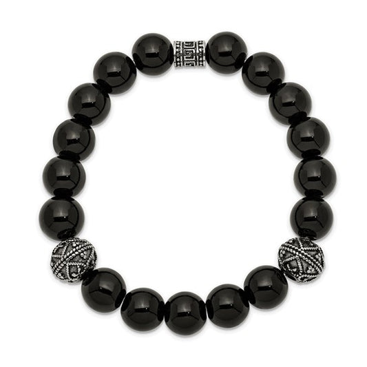 Black beaded bracelet with silver beads on a white background.
Material: stainless steel, black Agate 10 mm beads
Color: black beads, silver stainless steel beads
Closure: infinity
Measurement: 8" circumference with .5" additional stretch. 10 mm beads